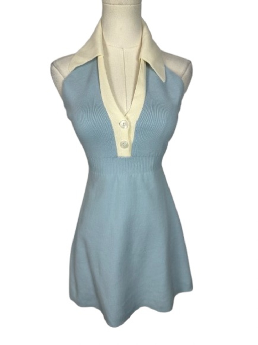 Light Blue Halter Knit Mini Dress with Cream Collar